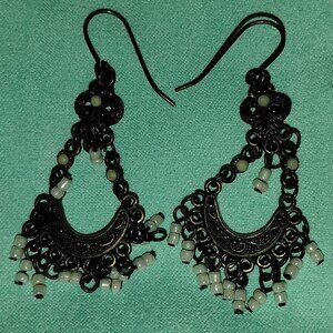 Boho Chandelier Drop Earrings – Dark Metal with White Bead Accent